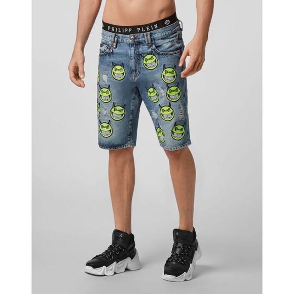 NEW Philipp Plein Evil Smile Bermuda Shorts Denim Light Wash Blue Juniors 16